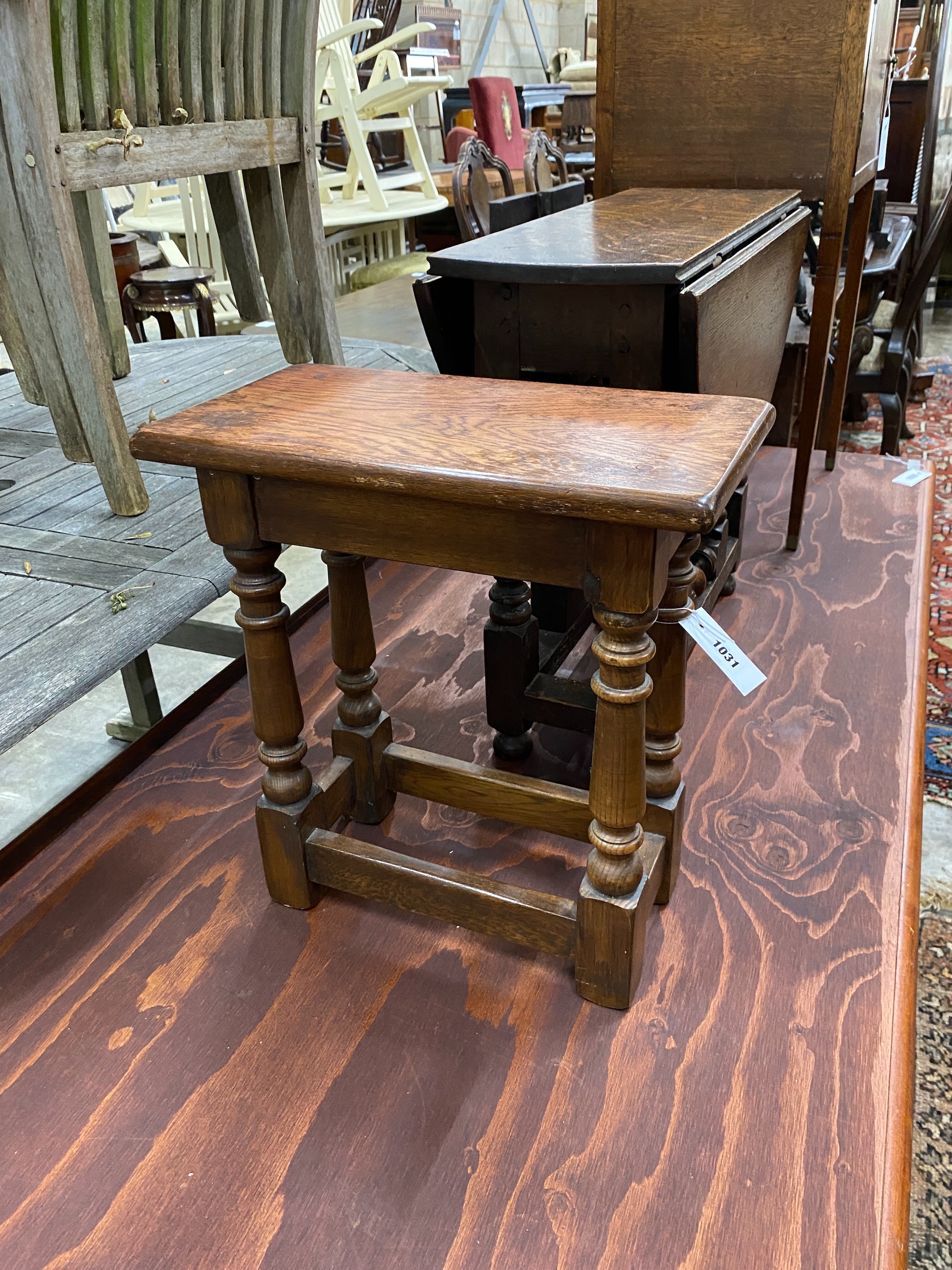 An 18th century style gateleg occasional table, width 59cm, height 50cm together with a smaller joint stool